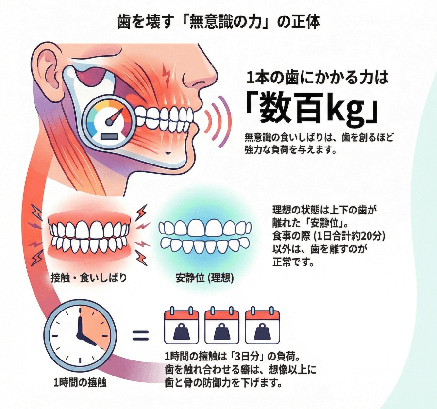 無意識の食いしばりで1本の歯に数百kgの力がかかることを示すイラスト
