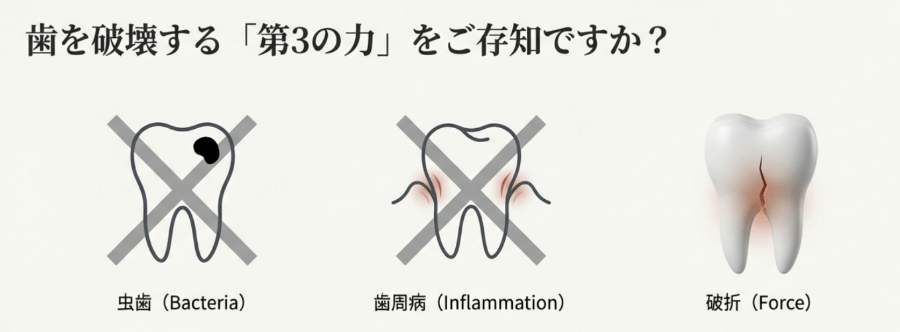 虫歯・歯周病に加え歯の破折が第3のリスクであることを示す図