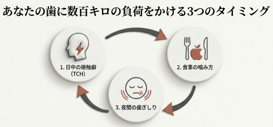 歯に負荷をかける3つのタイミング（TCH・食事の噛み方・夜間の歯ぎしり）