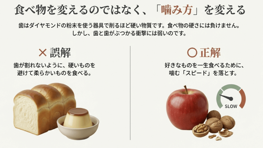 食べ物ではなく噛み方を変えることで歯の破折リスクを減らすイメージ図