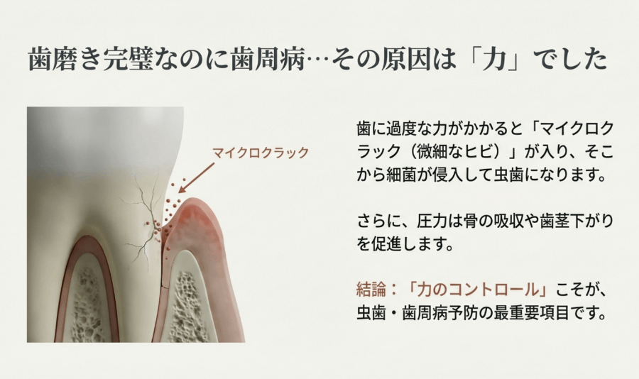 過度な咬合力により歯にマイクロクラックが生じる様子のイラスト