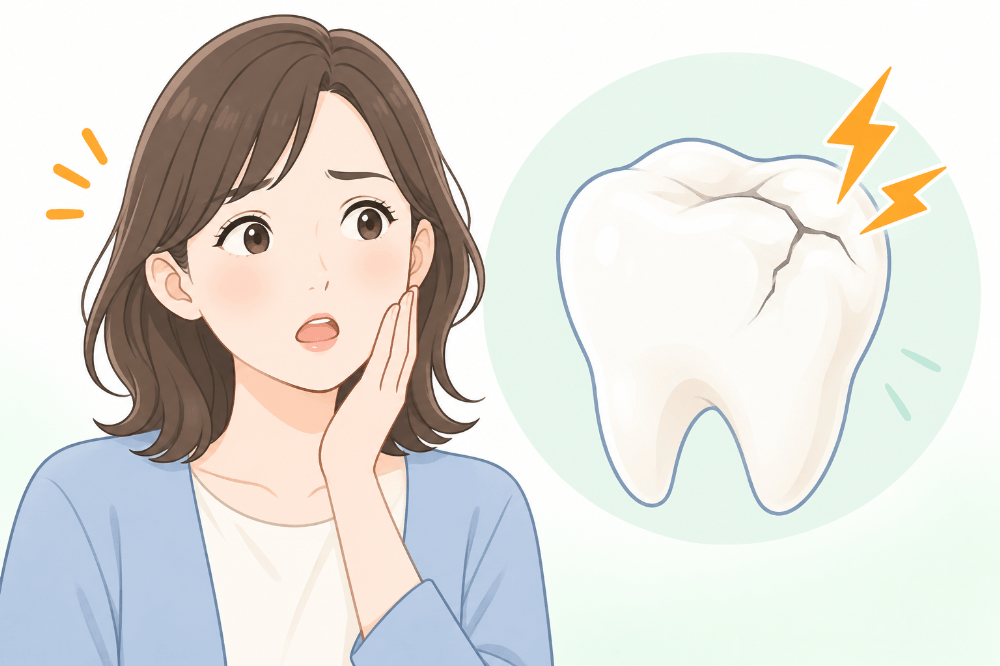 虫歯ではないのに奥歯にヒビが入っていると知り、驚く女性のイラスト