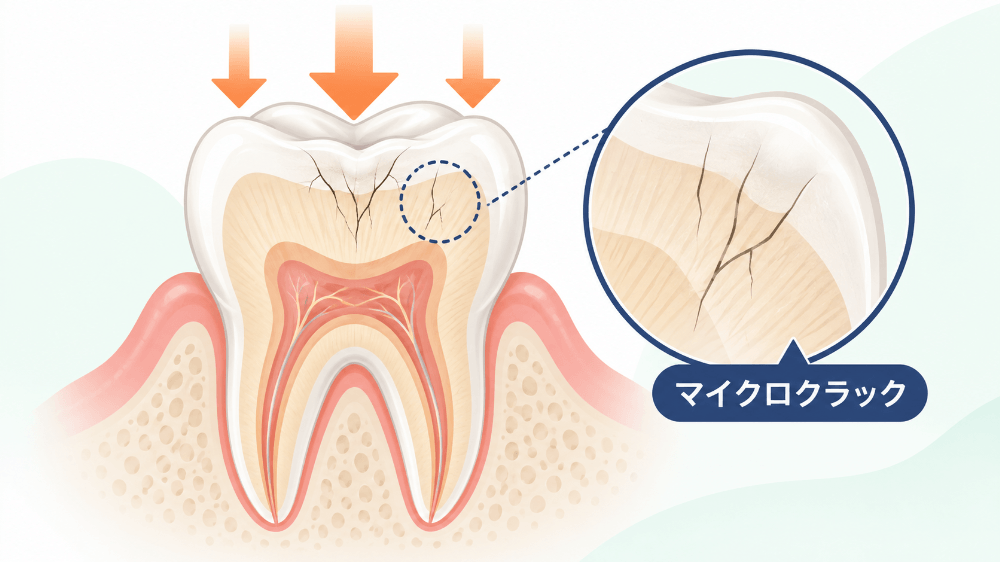 繰り返しかかる力で、歯の表面から内部に向かって細かいヒビ(マイクロクラック)が広がる様子を示した奥歯の断面図
