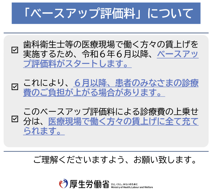 ベースアップ評価料の概要と患者負担増の可能性を説明する厚生労働省資料