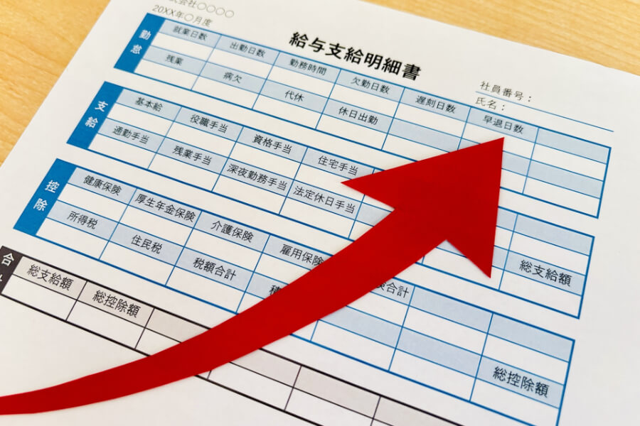ベースアップ評価料による医療従事者の賃上げをイメージした給与明細と上向き矢印の写真