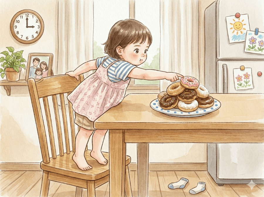 子どもがおやつのドーナツに手を伸ばしている様子