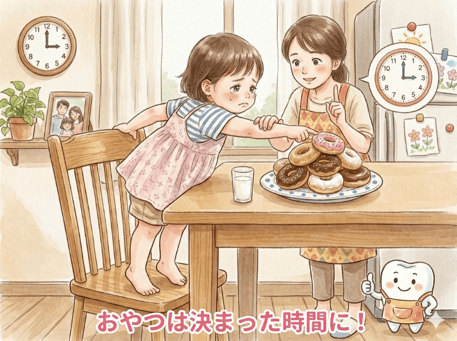 母親がおやつの時間を説明している家庭での虫歯予防のイラスト