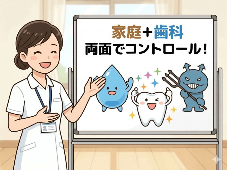 家庭と歯科医院の両面から子どもの虫歯予防を行うイメージ図