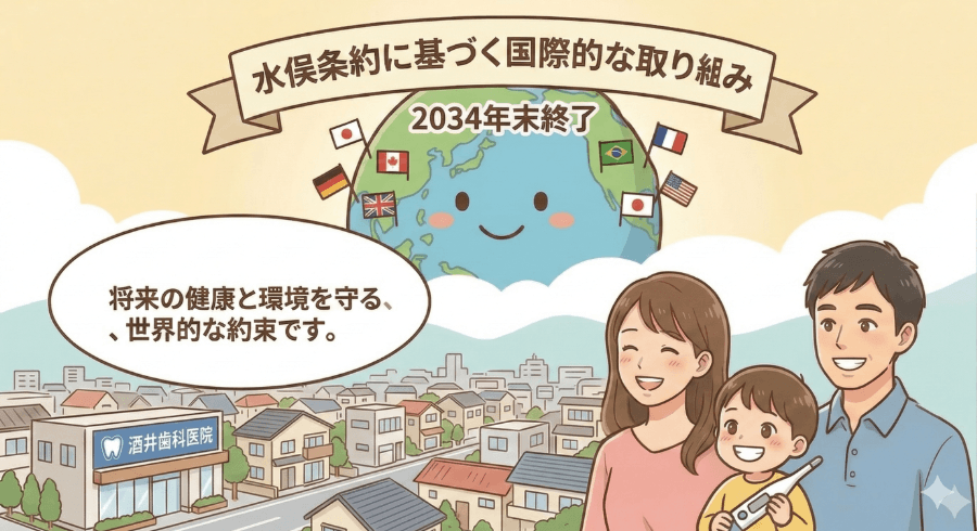水俣条約に基づく歯科用アマルガムの国際的な規制が2034年末に完了することを示した酒井歯科医院のイラスト