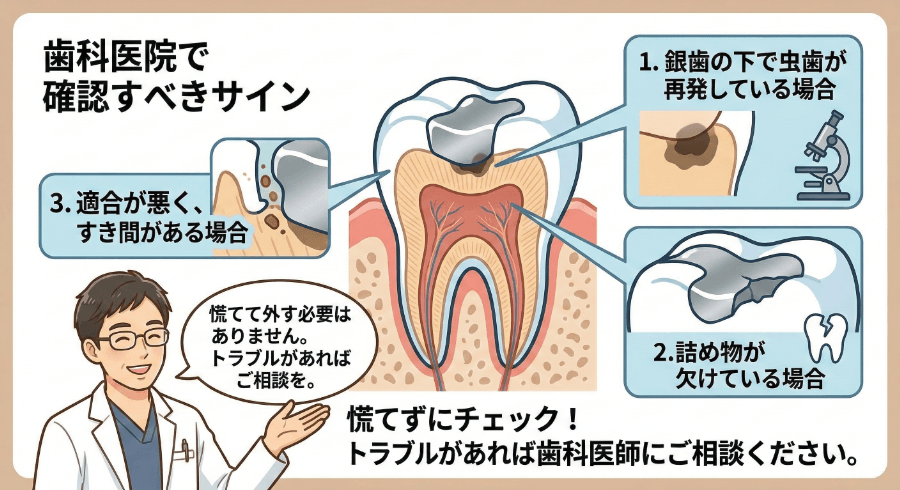 銀歯の下の虫歯再発・詰め物の欠け・すき間など、歯科医院で確認すべきトラブルサインを解説したイラスト