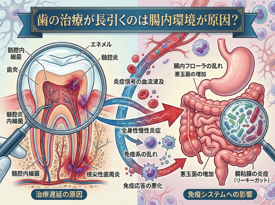 腸内フローラの乱れと歯の炎症が全身でつながる仕組みを示した図解