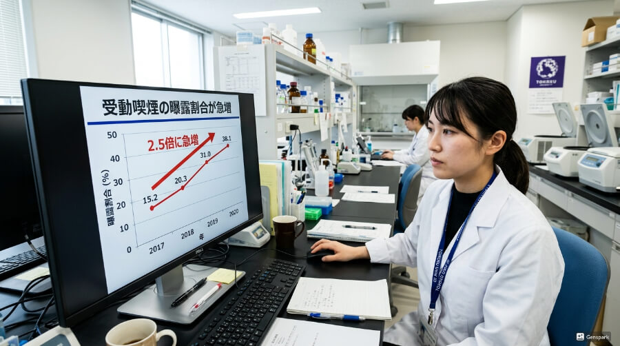 東北大学の研究データ・受動喫煙の曝露割合が3年で2.5倍に急増したグラフ