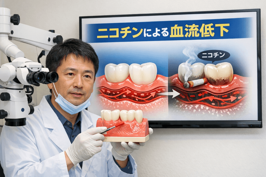 ニコチンによる歯周組織の血流低下を説明する歯科医師と歯の模型