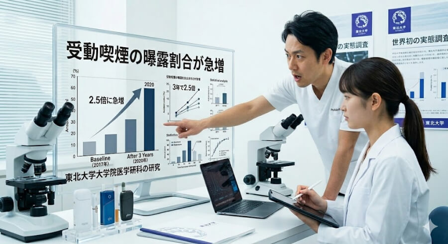 東北大学の研究チームが受動喫煙の曝露割合急増データを分析している場面