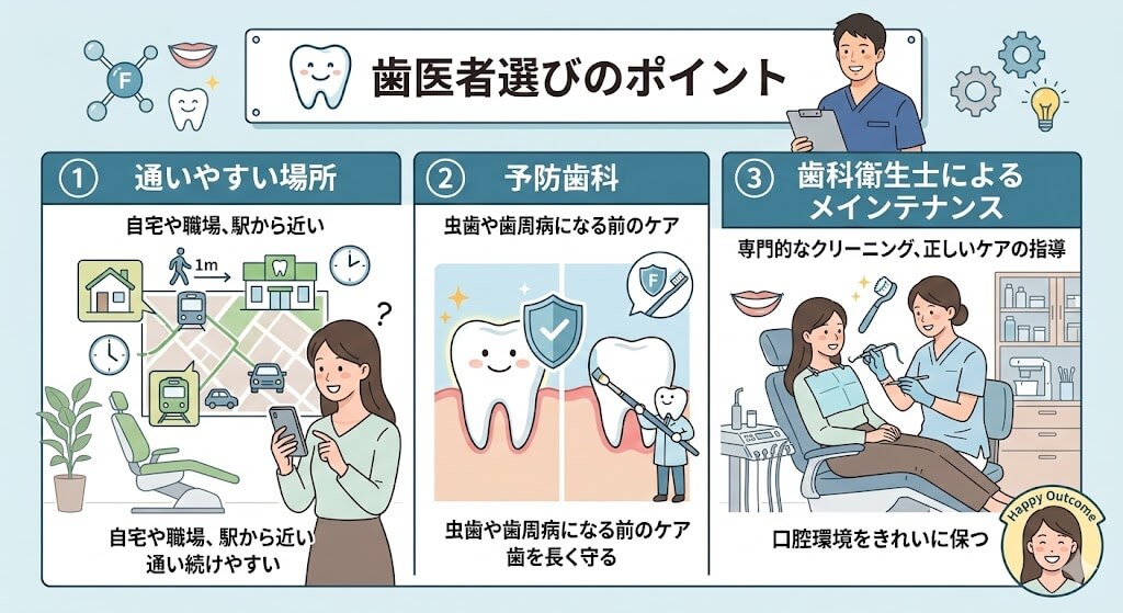 歯医者選びのポイント（通いやすさ・予防歯科・歯科衛生士によるメインテナンス）を説明するイラスト