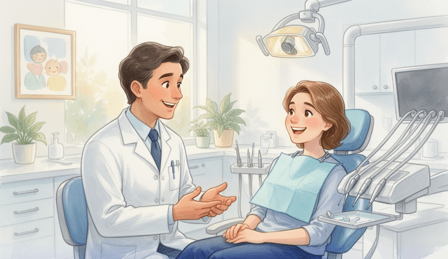 歯科医師が患者に治療内容を丁寧に説明している歯科医院のイメージイラスト