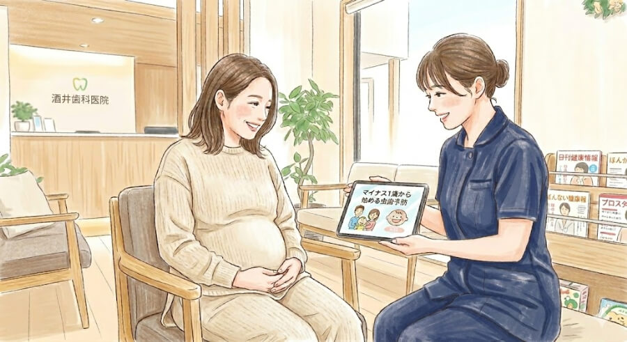 妊娠中の女性が酒井歯科医院で歯科衛生士からマイナス1歳から始める虫歯予防の説明を受けている様子