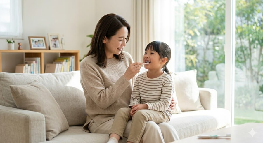 小学校低学年の子供が自宅で母親に仕上げ磨きをしてもらっている日常の虫歯予防風景