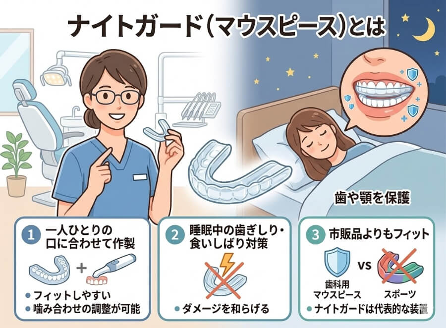 ナイトガード(マウスピース)とは:一人ひとりの口に合わせて作製・睡眠中の歯ぎしり食いしばり対策・市販品よりもフィットする歯科用装置の説明図