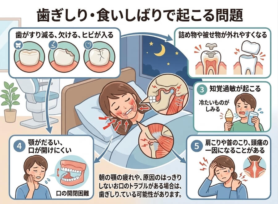歯ぎしり・食いしばりで起こる問題のイラスト:歯のすり減り・欠け・ヒビ、詰め物や被せ物が外れる、知覚過敏、顎がだるく口が開けにくい、肩こり・首こり・頭痛