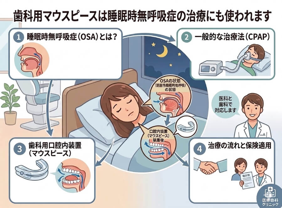 歯科用マウスピースは睡眠時無呼吸症(OSA)の治療にも使用:OSAの仕組み・CPAP療法・歯科用口腔内装置・保険適用と治療の流れを示した説明図