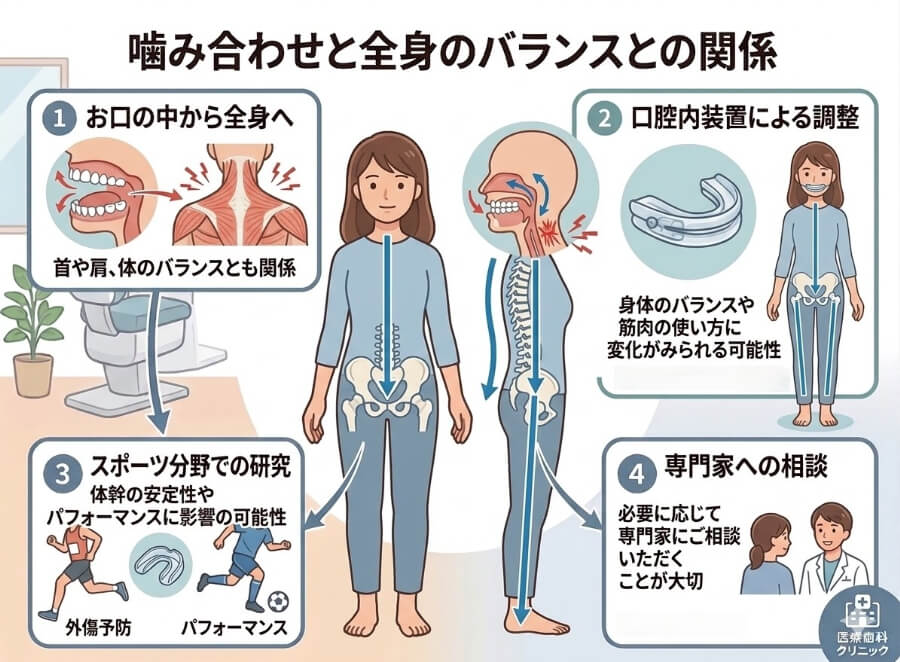 噛み合わせと全身のバランスの関係を示す図解:歯・顎の力が首や肩・体幹に影響し、口腔内装置による調整でスポーツパフォーマンスや姿勢改善の可能性