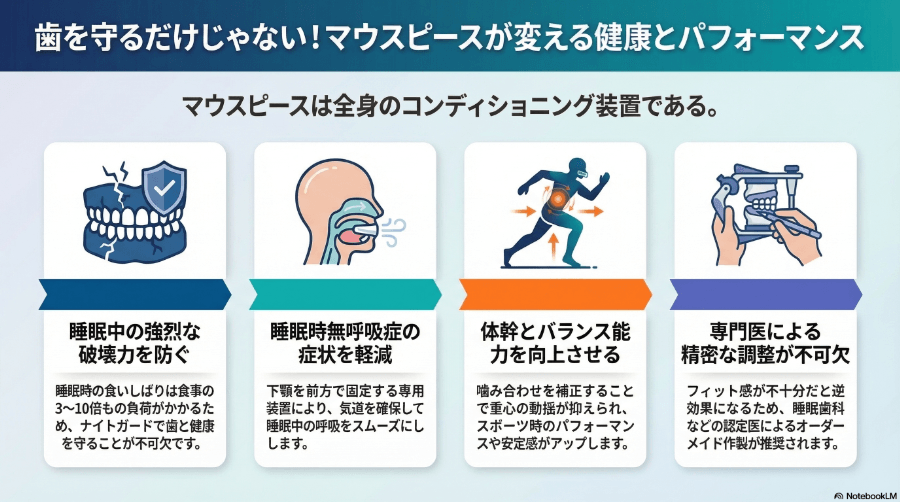 マウスピースが変える健康とパフォーマンスの図解:睡眠中の強烈な破壊力を防ぐ・睡眠時無呼吸症の症状を軽減・体幹とバランス能力を向上・専門医による精密な調整が不可欠