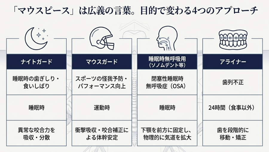マウスピースの種類と目的別比較表:ナイトガード(歯ぎしり・食いしばり)・マウスガード(スポーツ)・睡眠時無呼吸用装置(OSA・ソノムデント等)・アライナー(歯列矯正)