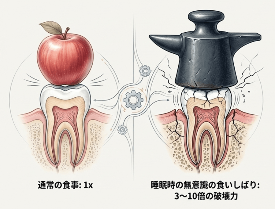 歯への負荷比較イラスト:通常の食事(1倍)に対し、睡眠中の無意識の食いしばりは3〜10倍の破壊力があることを示す歯の断面図