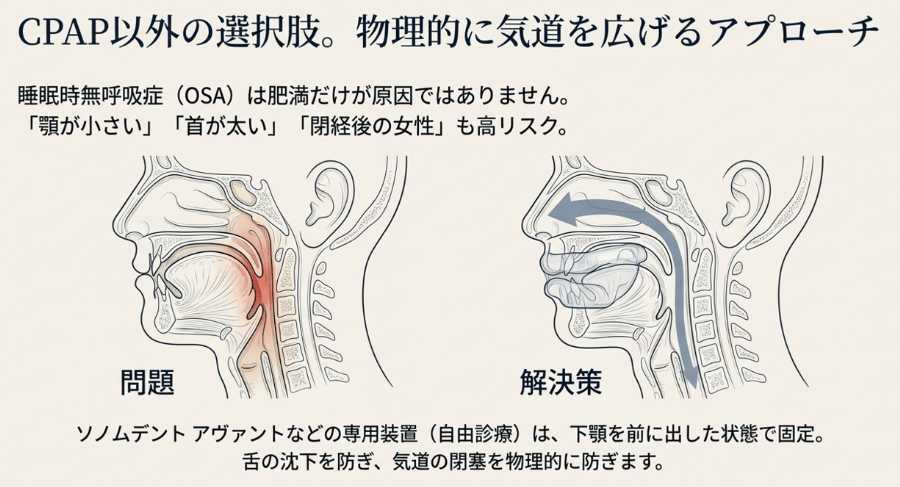 睡眠時無呼吸症(OSA)の気道の問題と解決策を示す頭部断面図:気道が閉塞した状態と、下顎前方固定装置(ソノムデント アヴァント等)で気道を広げた状態の比較