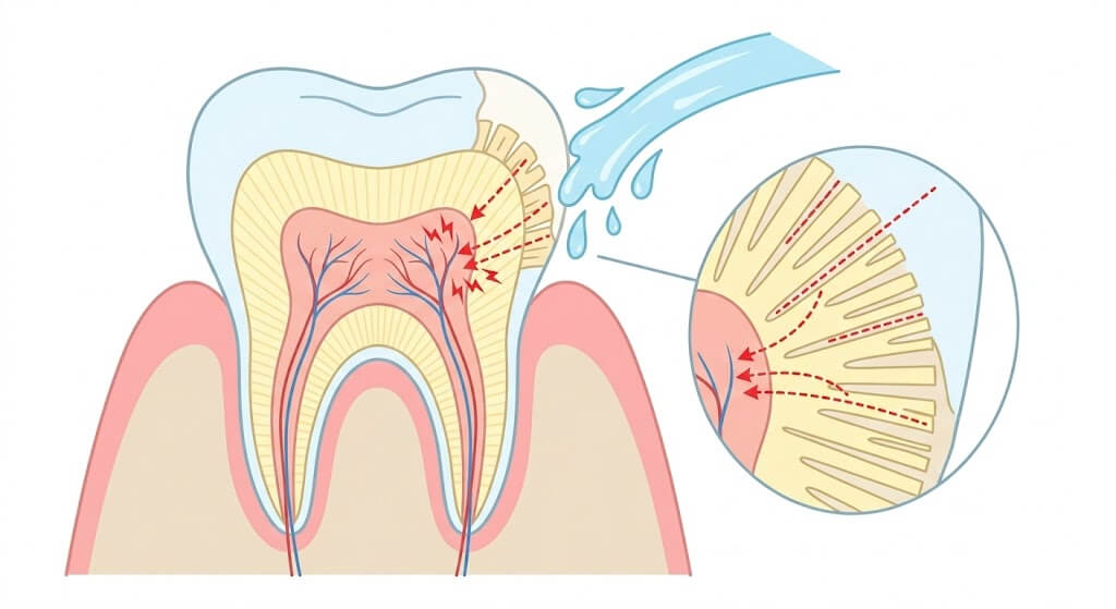 象牙細管を通じて刺激が神経に伝わり歯がしみる仕組み（知覚過敏）