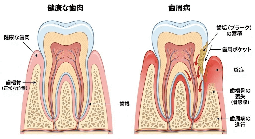 健康な歯ぐきと歯周病の違いを示した歯周病の進行図