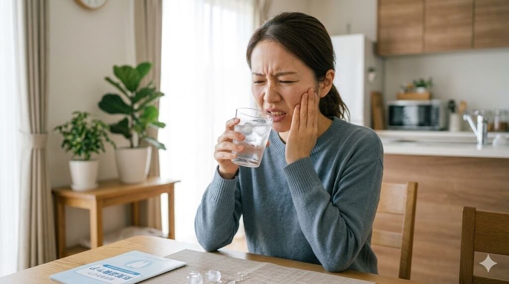 冷たい飲み物で歯がしみて頬を押さえる女性（虫歯ではない歯の痛み・知覚過敏の症状）