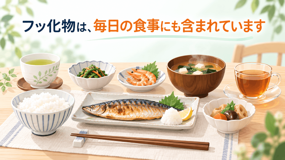 お茶・魚・海藻・みそなど、フッ化物を含む身近な食べ物の画像