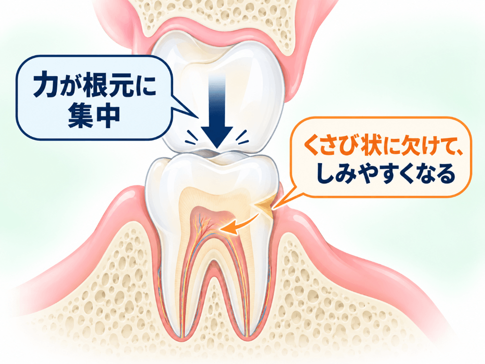 噛み合わせの強い力が特定の歯にかかり、歯の根元にくさび状の欠けや隙間ができて、しみやすくなる仕組みの図