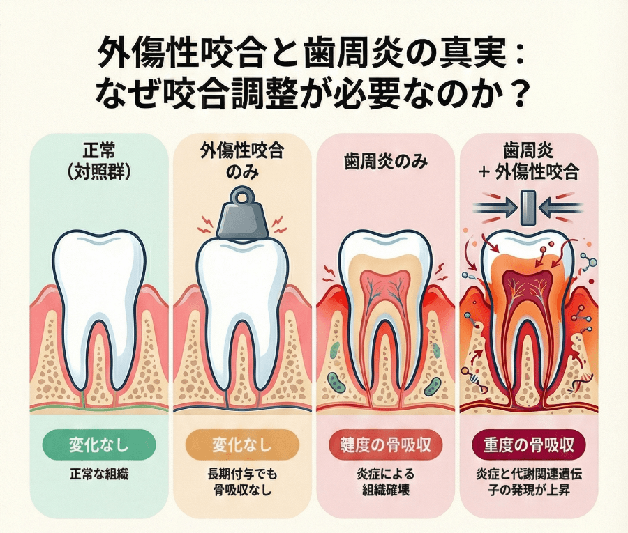 正常・外傷性咬合のみ・歯周炎のみ・歯周炎＋外傷性咬合の4条件における歯周組織変化の比較図