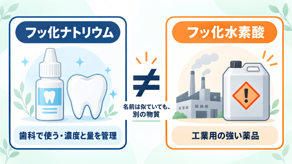 名前は似ていても別の物質であることを示す図：歯科で使うフッ化ナトリウムと、工業用の強い薬品であるフッ化水素酸