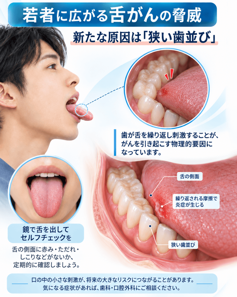 若年層に増える舌がんと、狭い歯並びによる舌への慢性的刺激を示したイラスト