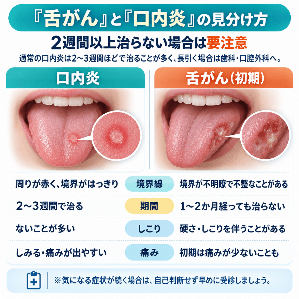 口内炎と舌がん初期の違い(見分け方)を治癒期間・痛み・境界線で比較した図解