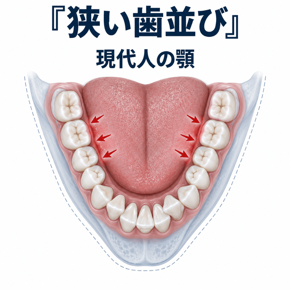 現代人に多い狭い歯並びと、舌が歯に接触しやすい状態を示した図解