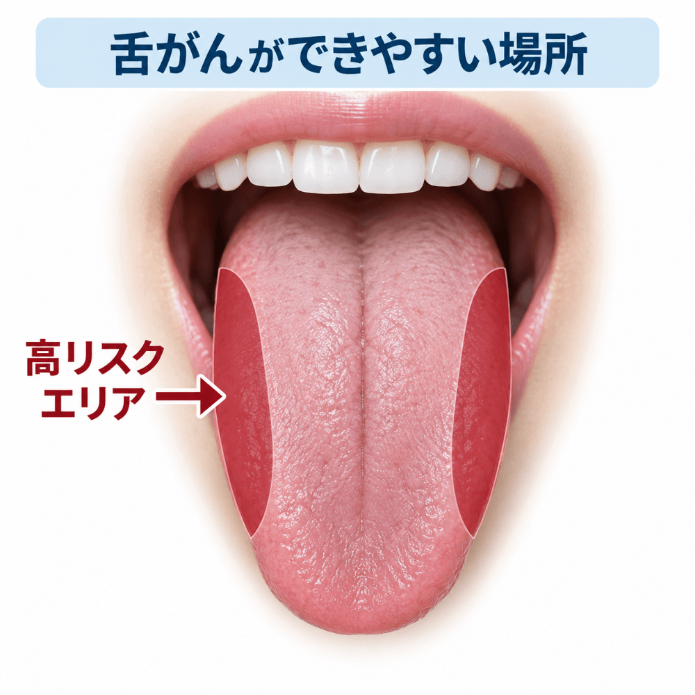 舌がんが発生しやすい舌の側面(高リスクエリア)を示したイラスト
