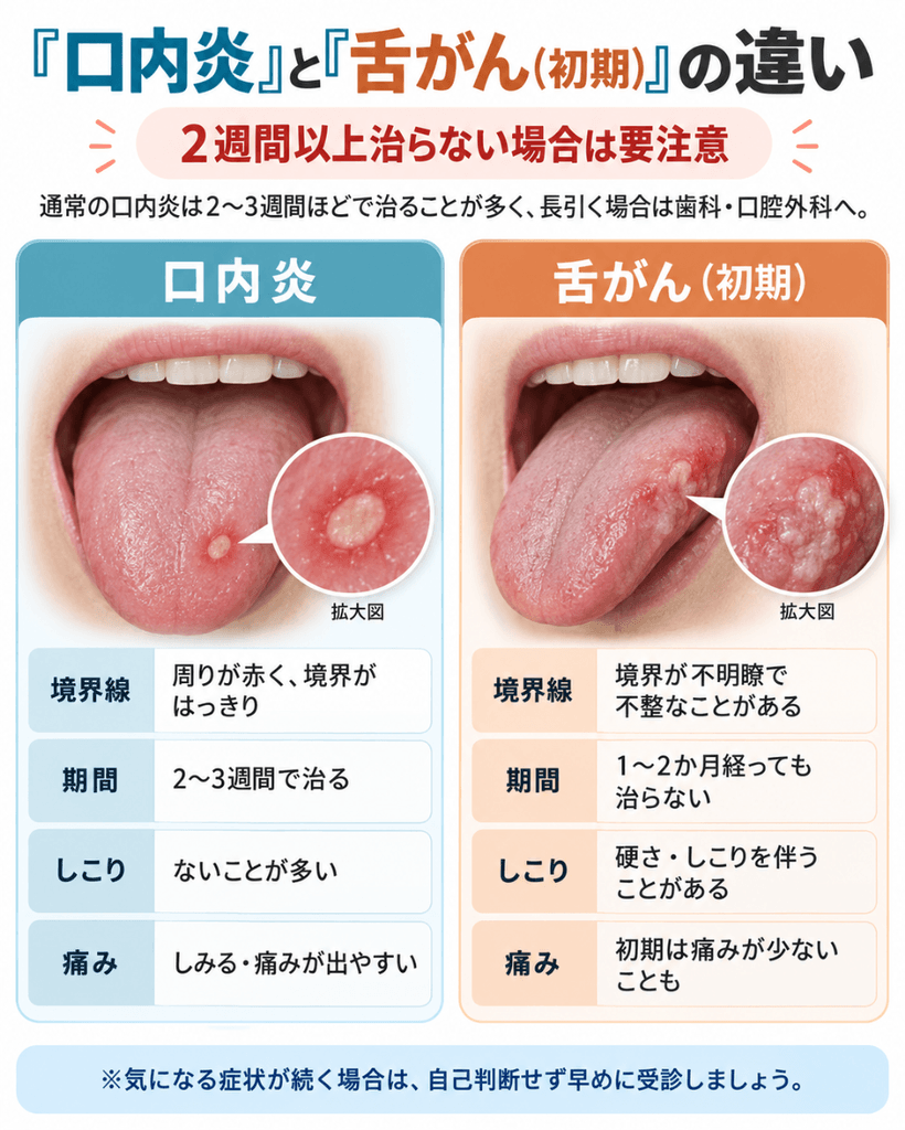 口内炎と舌がん初期の症状・リスク要因を左右で比較した総合的なイラスト①