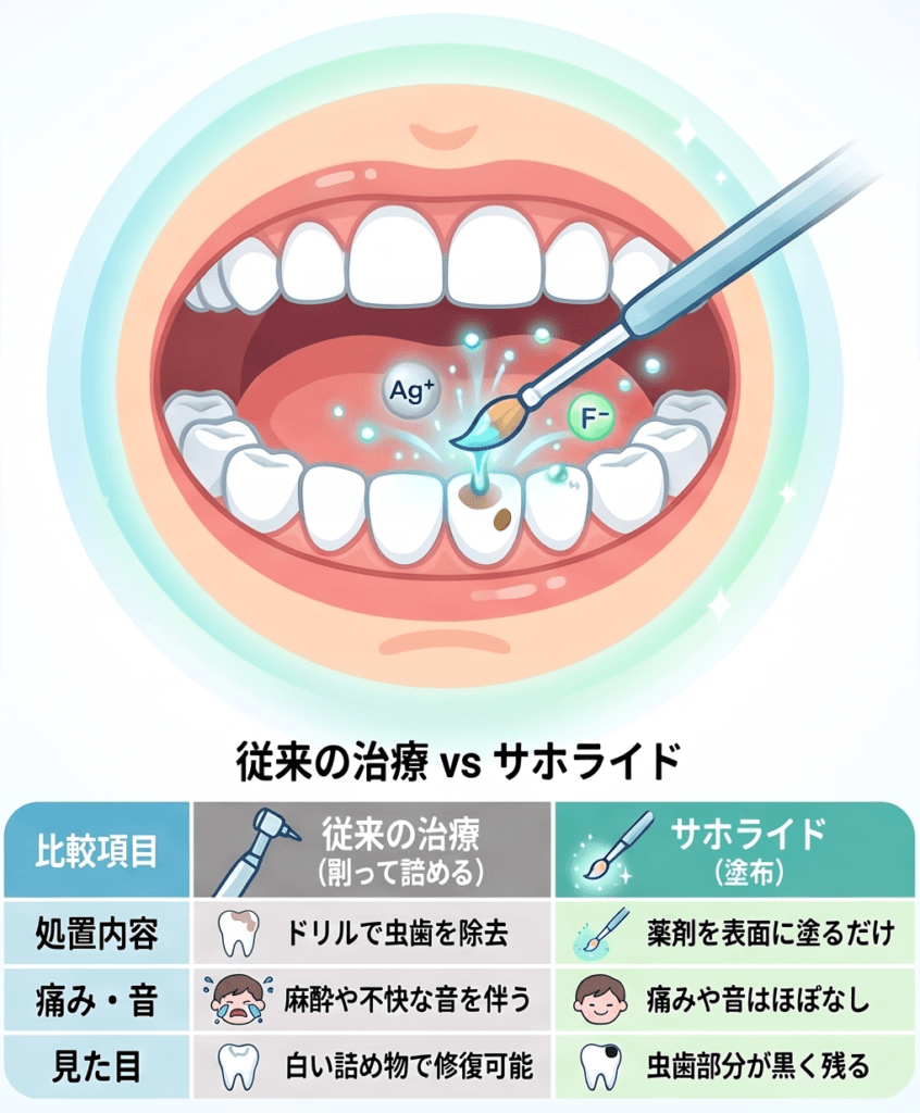 従来の削って詰める治療とサホライド塗布を比較した図(処置内容・痛み・見た目)
