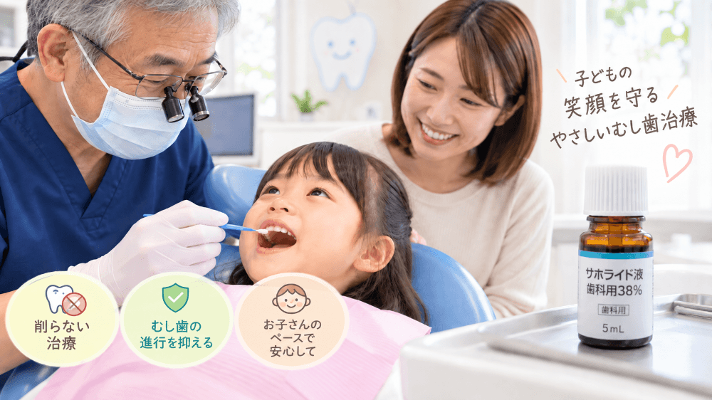 診療チェアで女の子にサホライドを塗る歯科医師と、笑顔で見守る母親の画像。傍らにサホライド液歯科用38%のボトル