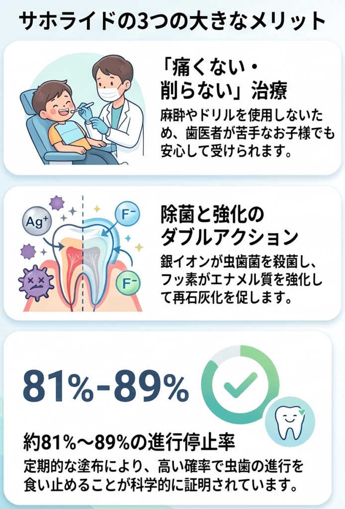 サホライドの3つのメリット(痛くない削らない・除菌と強化・約81〜89%の進行停止率)のインフォグラフィック