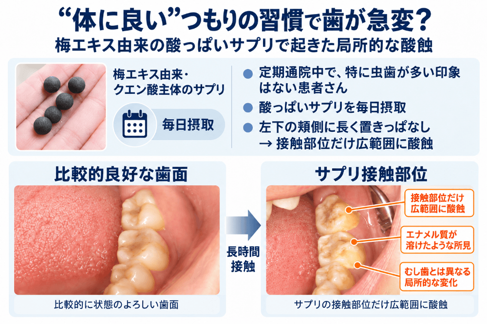 梅エキス由来のクエン酸主体のサプリを左下の頬側に置き続けて起きた局所的な酸蝕症の症例。比較的良好な歯面と、サプリが触れていた部位だけ広範囲に溶けた奥歯の比較写真