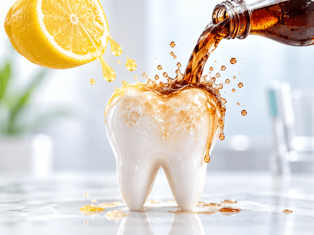 レモン果汁とコーラが歯にかかり、表面が溶けていく様子を表した酸蝕症のイメージ