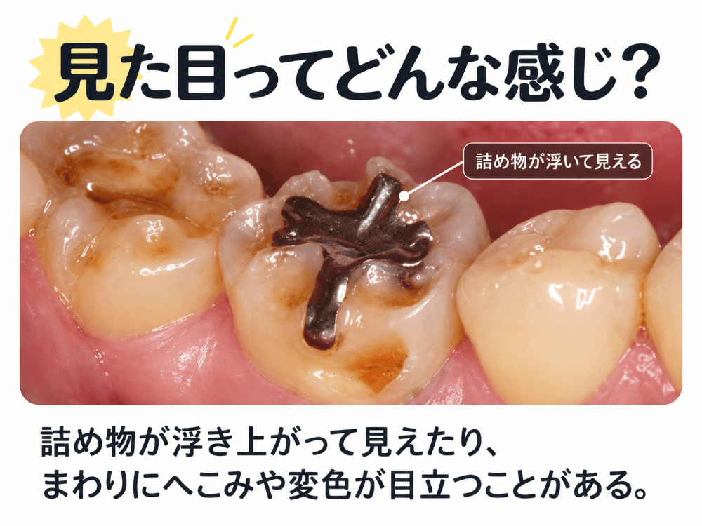 イメージ:酸蝕症で周囲の歯が溶け、金属の詰め物が浮き上がって見える奥歯。まわりにはへこみや変色がある