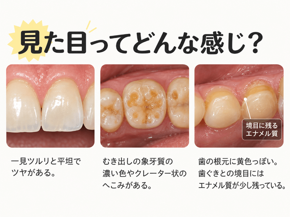 イメージ:酸蝕症の歯の見た目の特徴。表面がツルリと平坦になった前歯、象牙質が露出してクレーター状にくぼんだ奥歯、歯の根元が黄色く歯ぐきとの境目にエナメル質が残った歯の3例