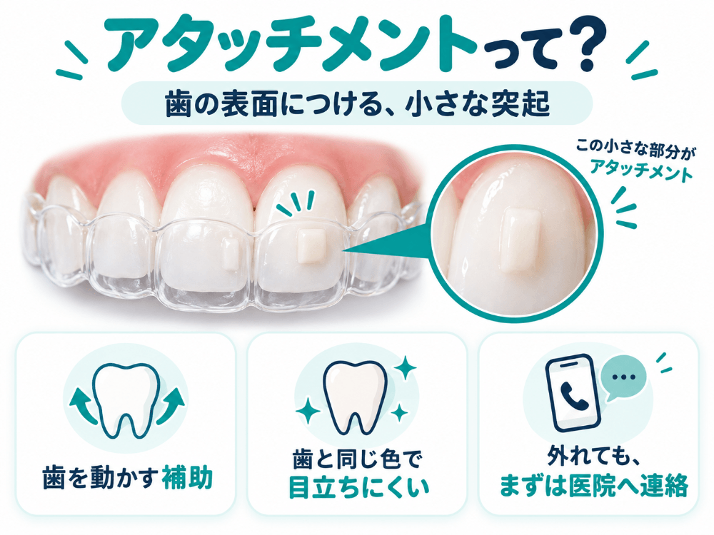 アタッチメントとは歯の表面につける、歯と同じ色の小さな突起。歯を動かす補助の役割があり目立ちにくい。外れてもまずは医院へ連絡する